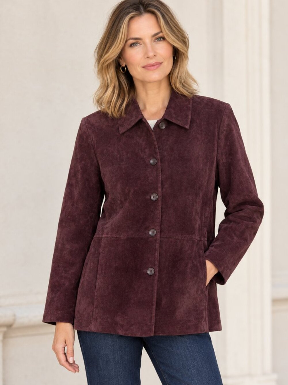 Vintage Bernardo Suede Leather Button Up Jacket / Car Coat Size M in Burgundy